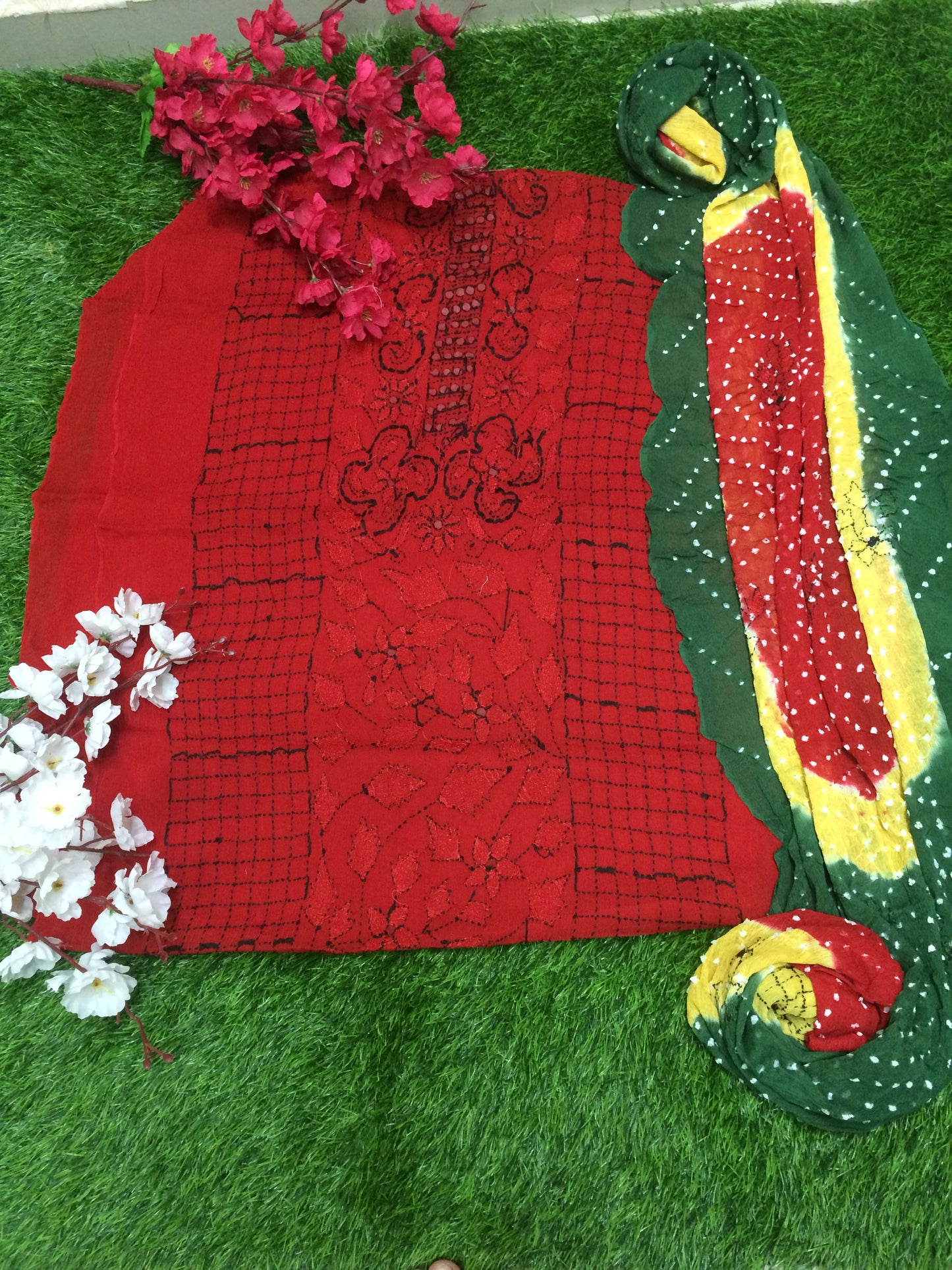 karachi Georgette - Colouring With Black Thread Work