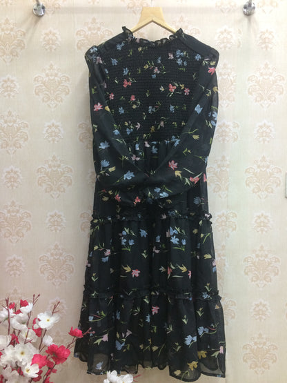 Black floral printed kurti with puff sleeves