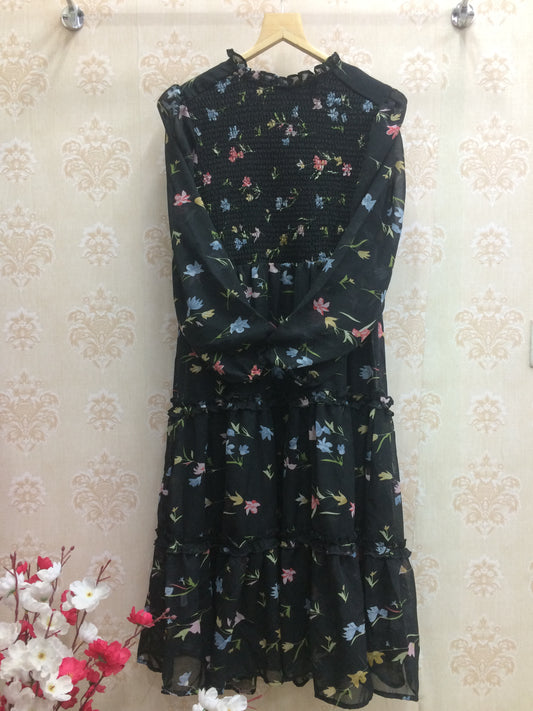 Black floral printed kurti with puff sleeves