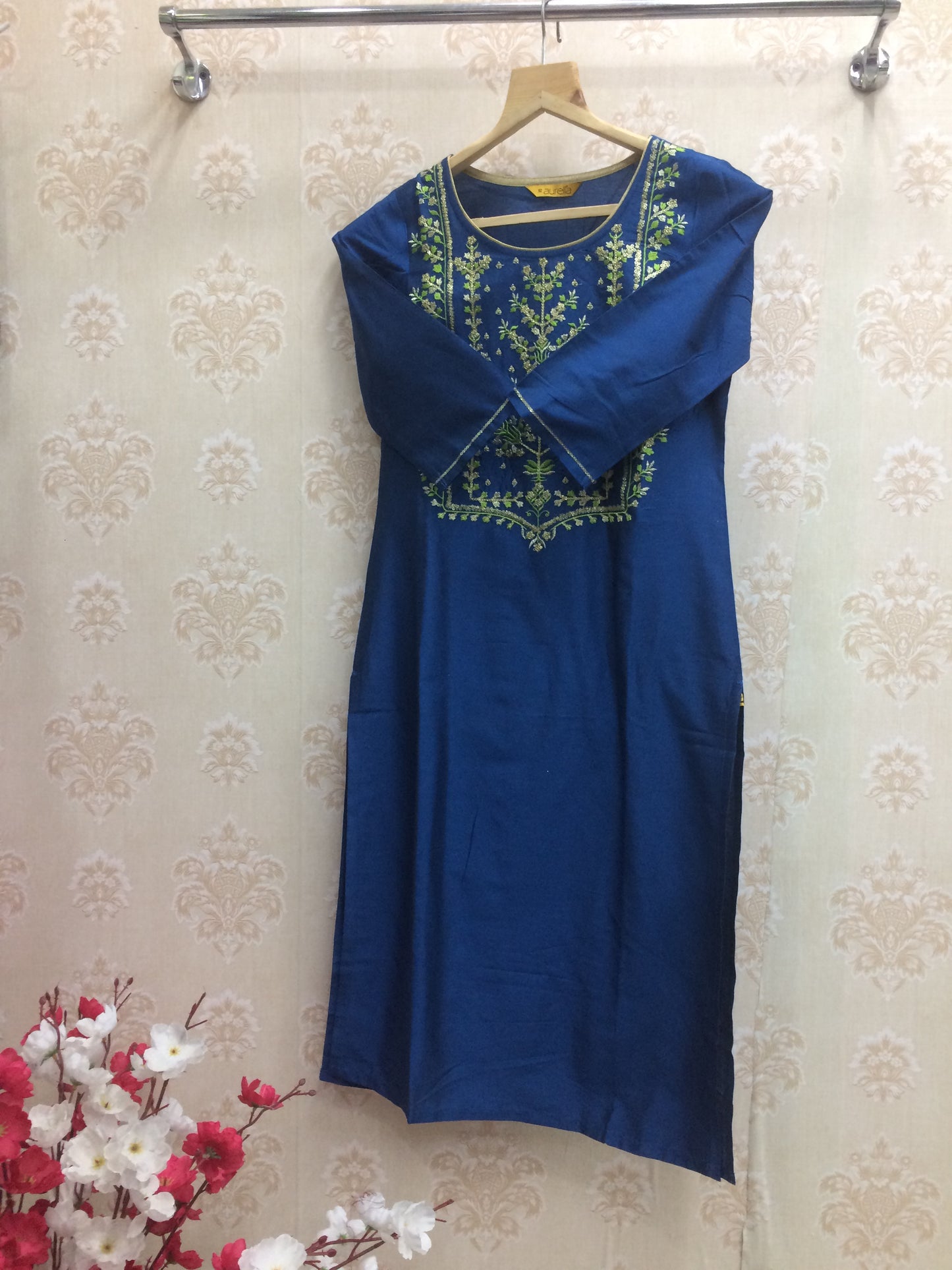 Aurelia navy blue kurti with yoke embroidered