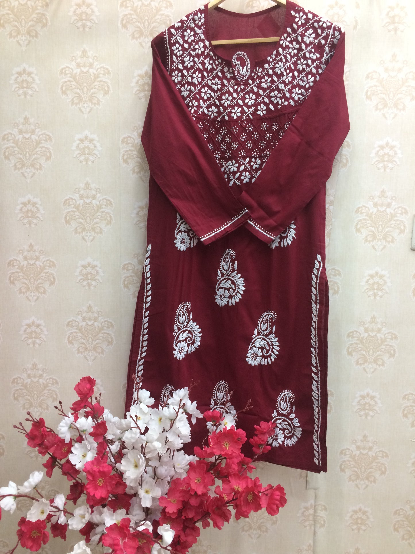 Maroon machine work lucknawi kurti