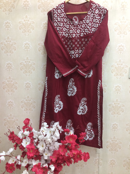 Maroon machine work lucknawi kurti