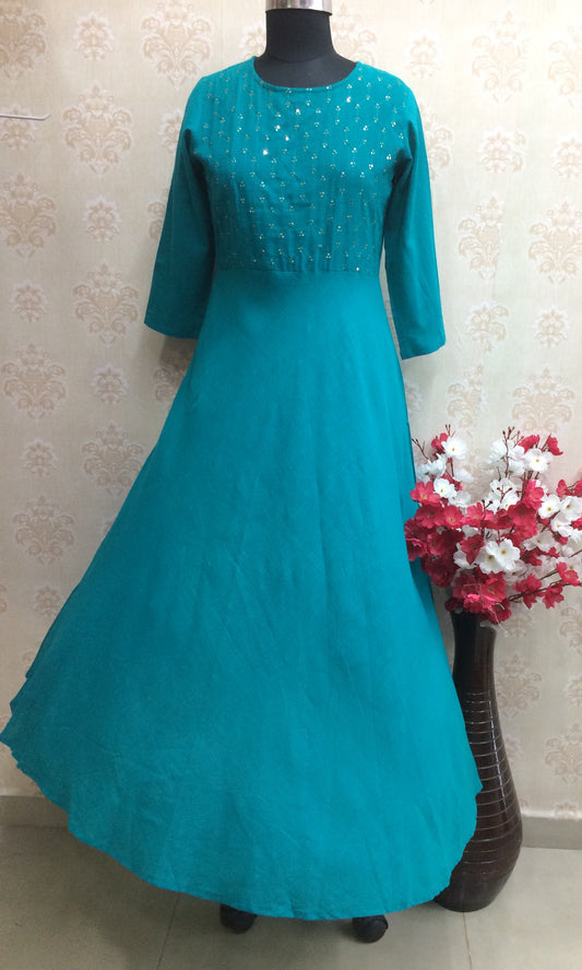 Firozi Cotton Anarkali Kurti with Yoke Work