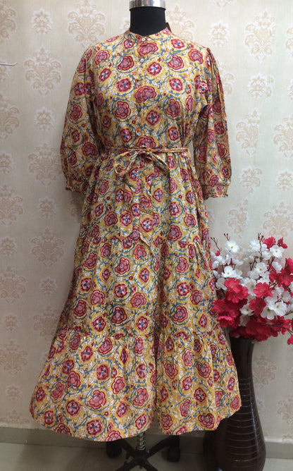 Mustard Floral Printed Cotton Tiered Kurti