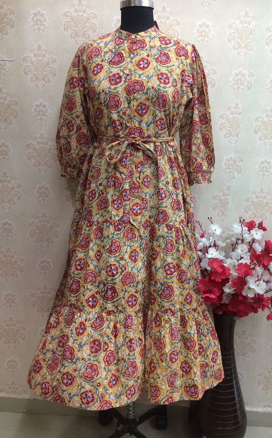 Mustard Floral Printed Cotton Tiered Kurti