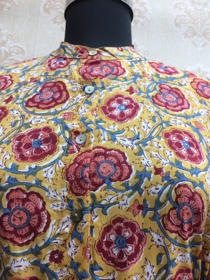 Mustard Floral Printed Cotton Tiered Kurti