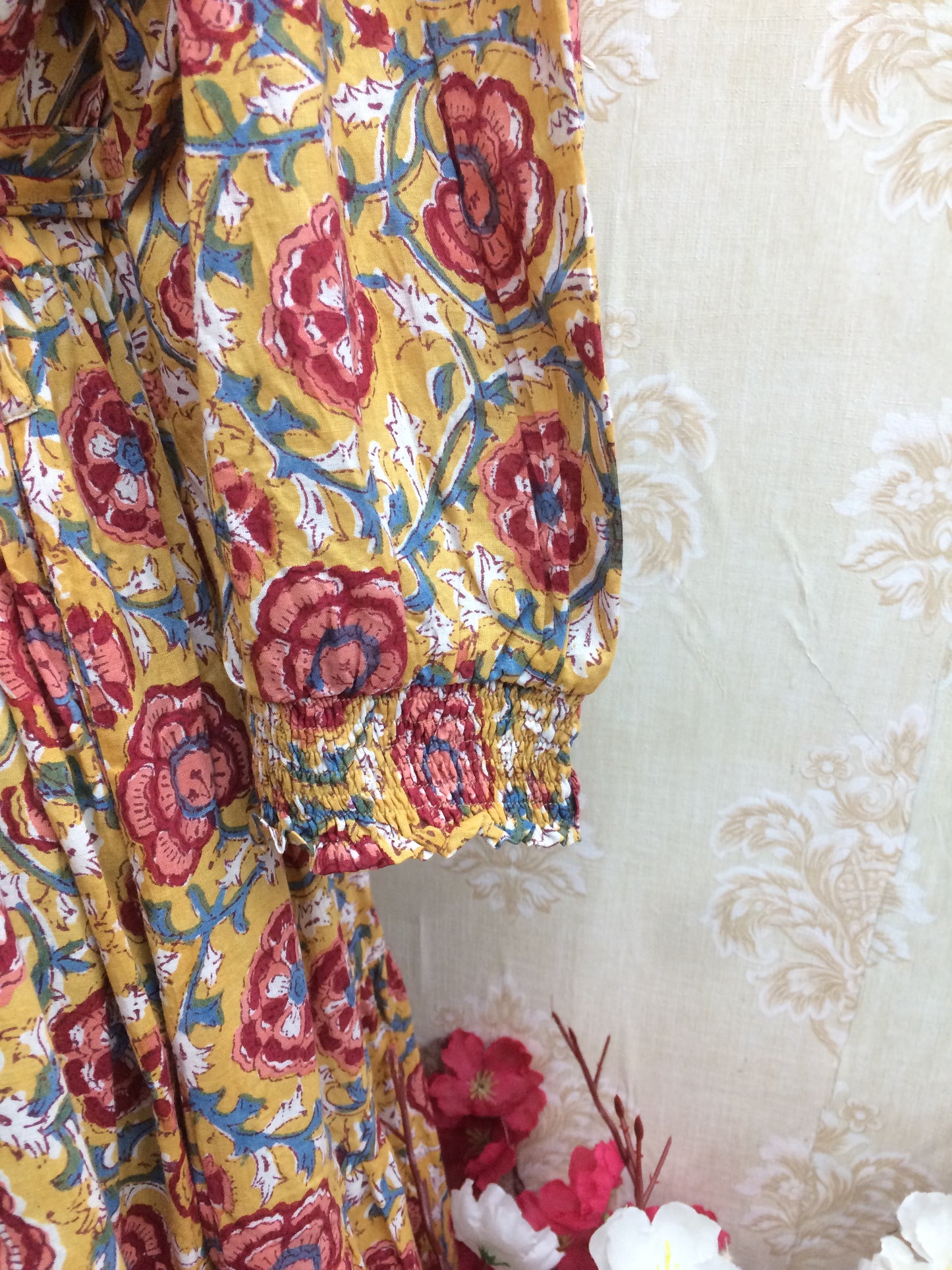 Mustard Floral Printed Cotton Tiered Kurti