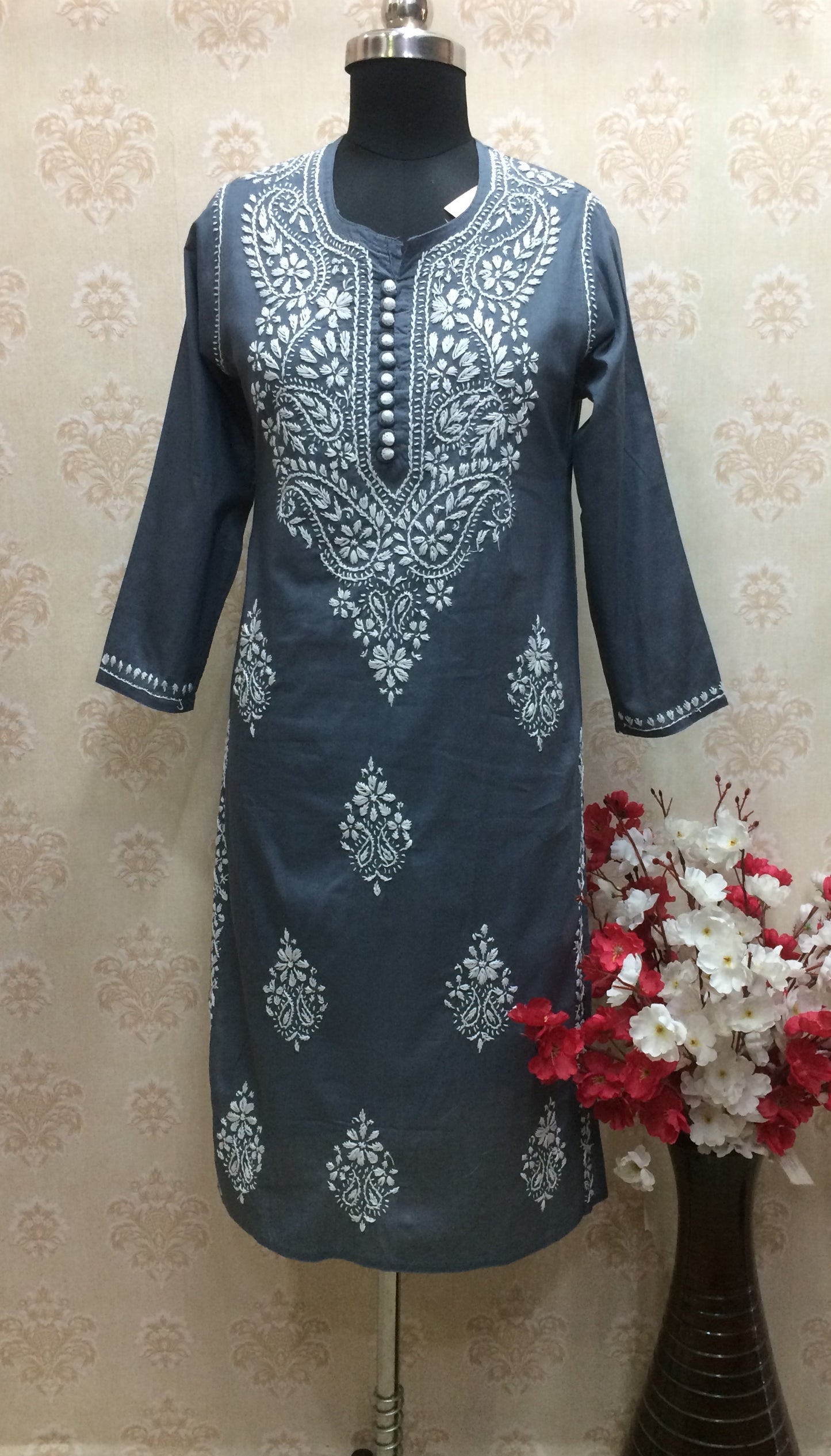 Maroon machine work lucknawi kurti