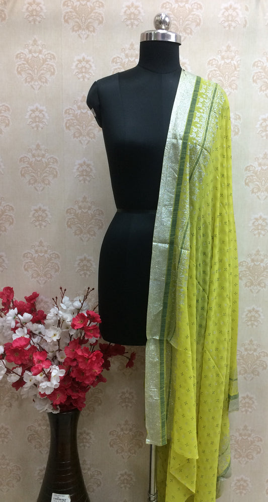 Lime Green Chiffon Dupatta with Silver Weaving