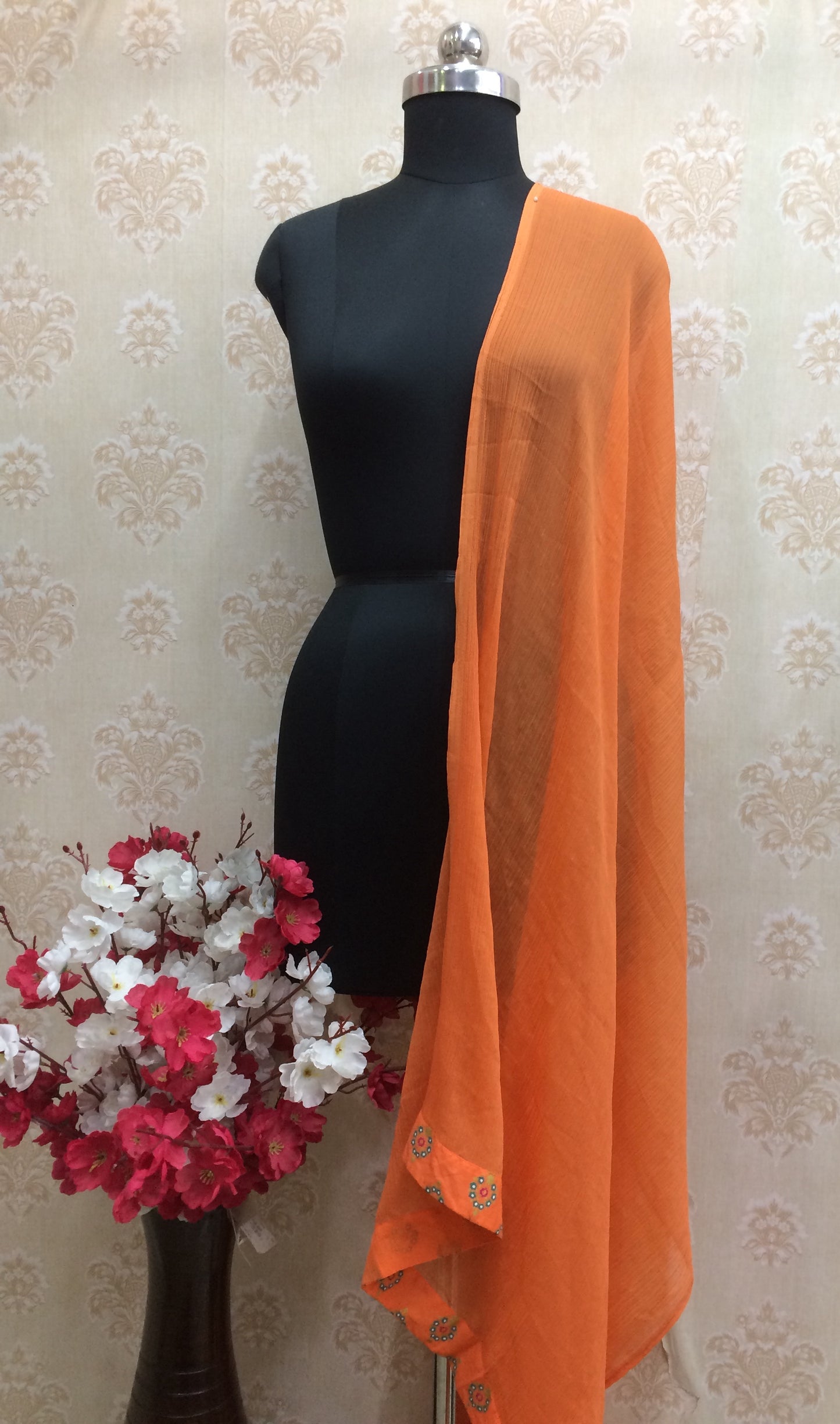 Vibrant Orange Chiffon Dupatta with Delicate Floral Embroidery Border