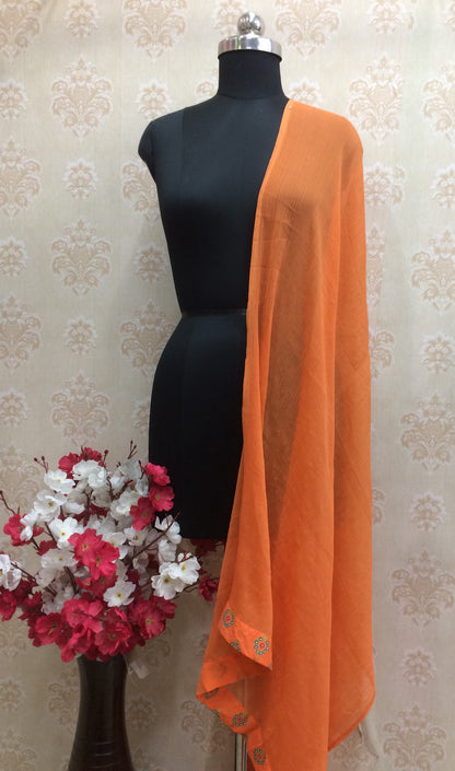 Vibrant Orange Chiffon Dupatta with Delicate Floral Embroidery Border
