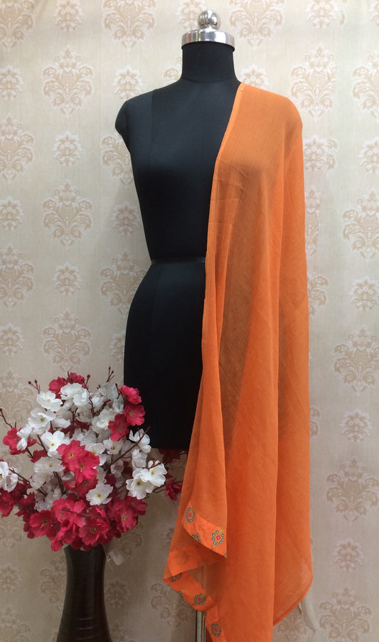 Vibrant Orange Chiffon Dupatta with Delicate Floral Embroidery Border