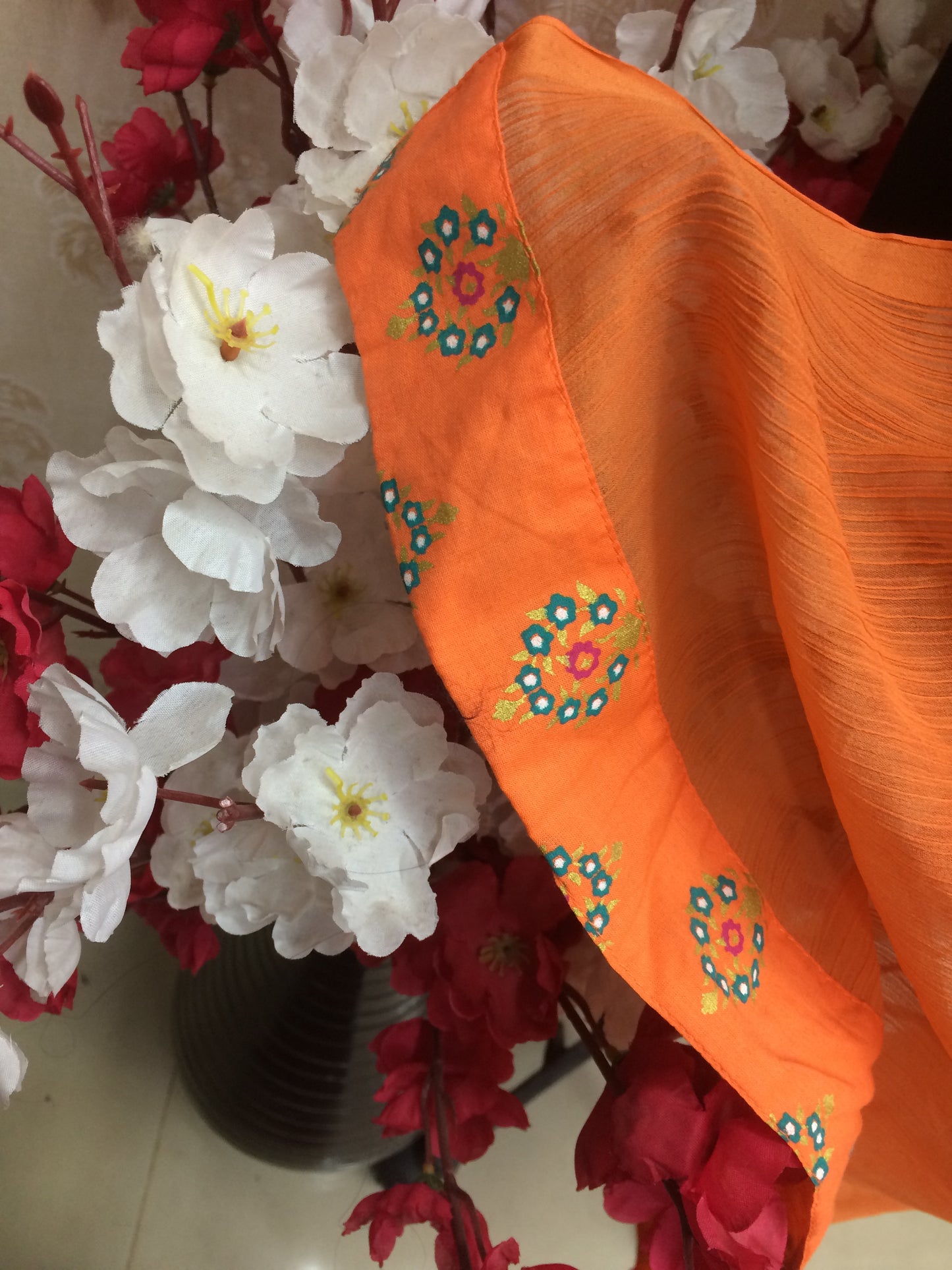 Vibrant Orange Chiffon Dupatta with Delicate Floral Embroidery Border