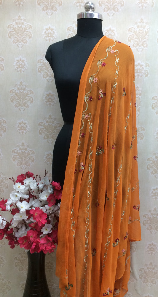 Designer Orange Chiffon Dupatta with All-Over Floral and Vine Embroidery
