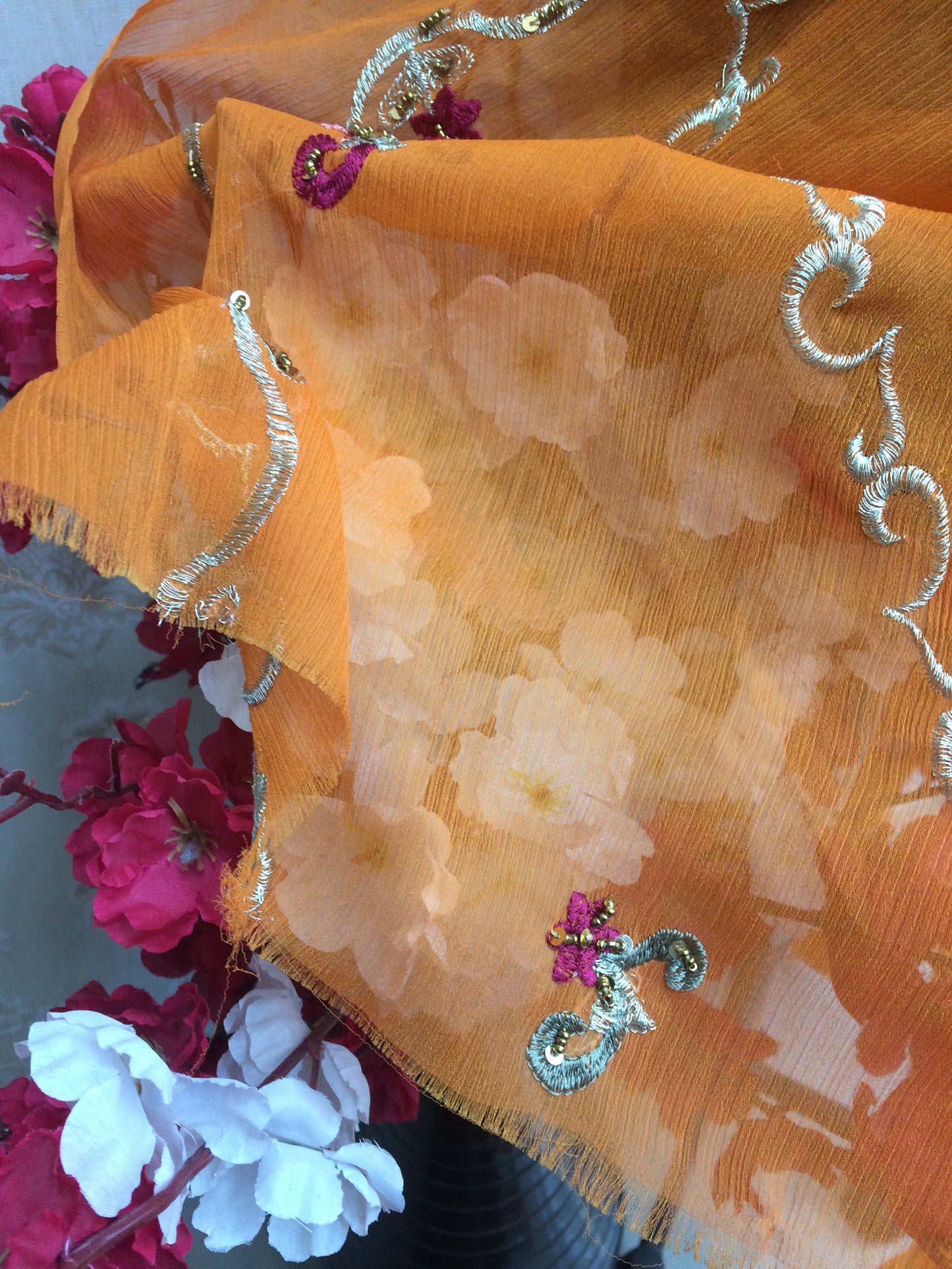 Designer Orange Chiffon Dupatta with All-Over Floral and Vine Embroidery