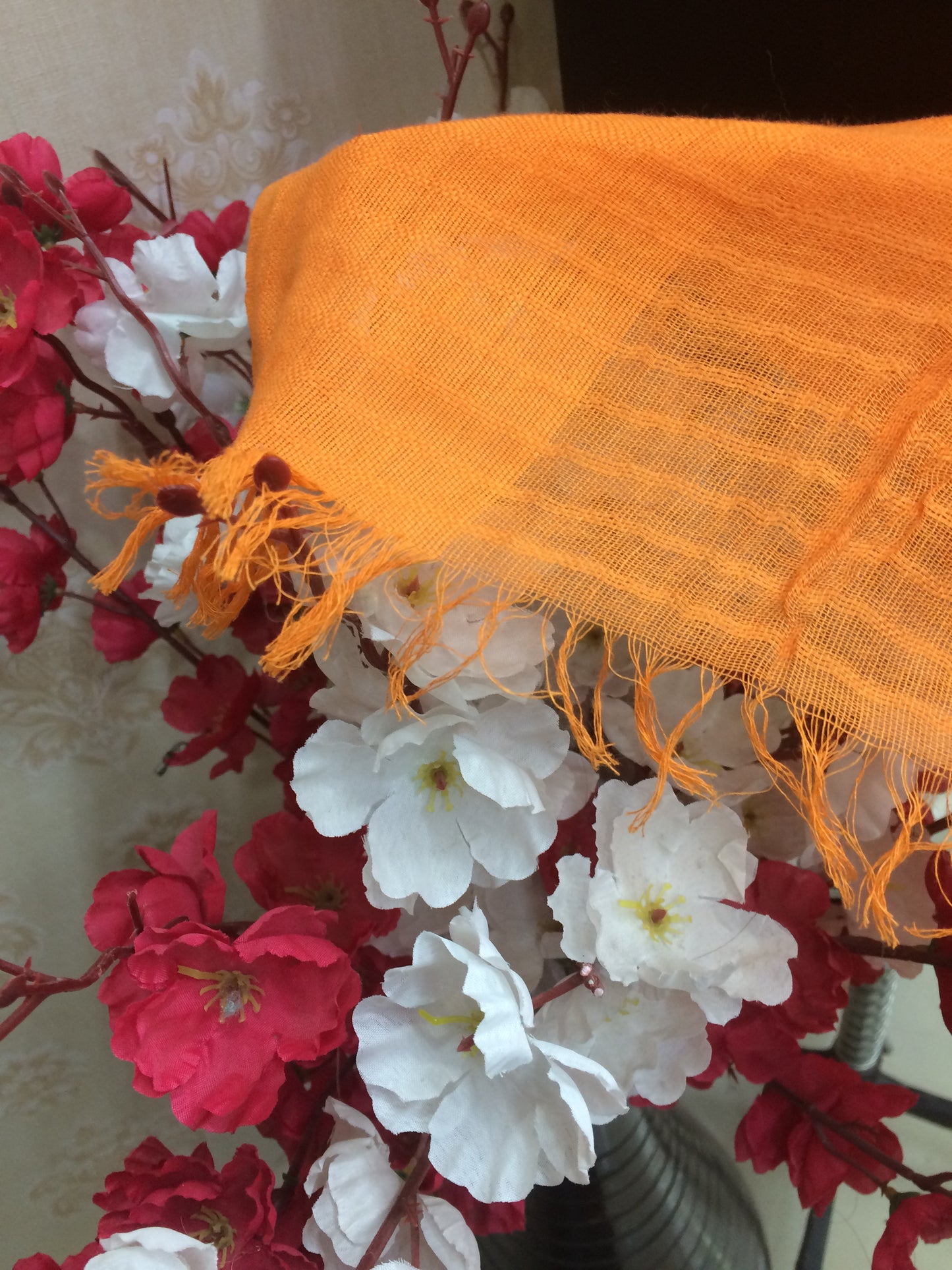 Vibrant Orange Textured Kota Doria / Crushed Cotton Dupatta with Tassels