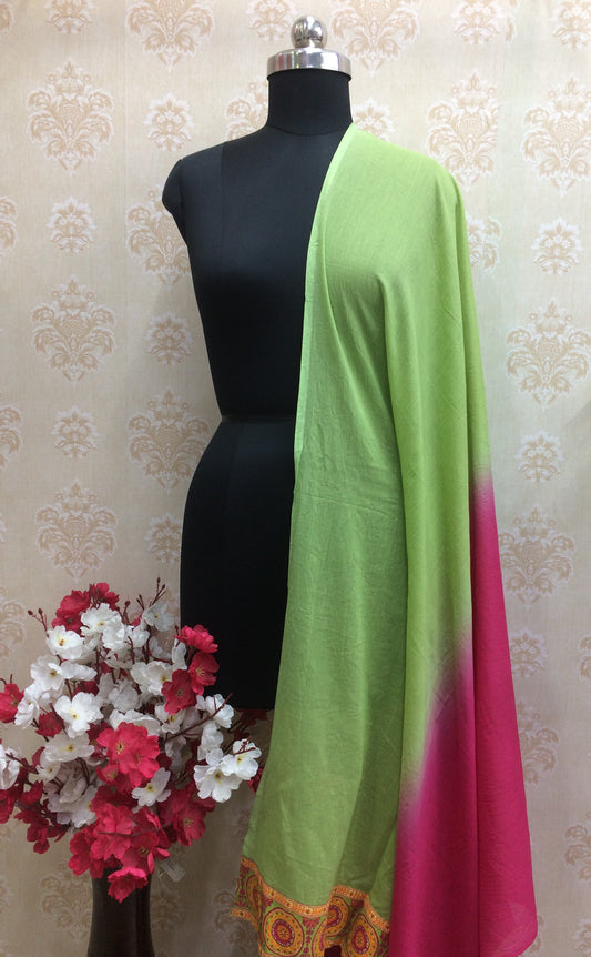 Vibrant Ombre Lime Green & Pink Dupatta with Mandala Print Border