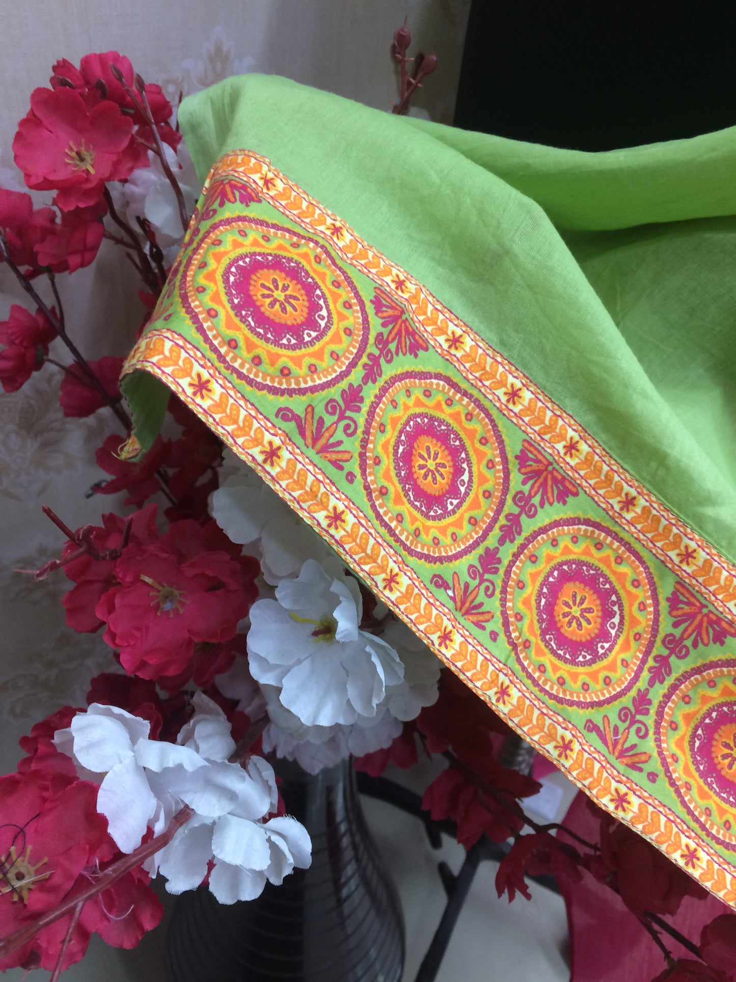 Vibrant Ombre Lime Green & Pink Dupatta with Mandala Print Border