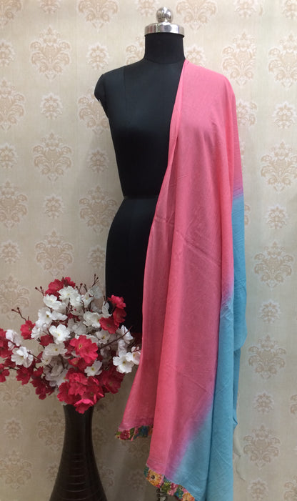 Soft Ombre Pink & Teal Blue Dupatta with Ethnic Print Border