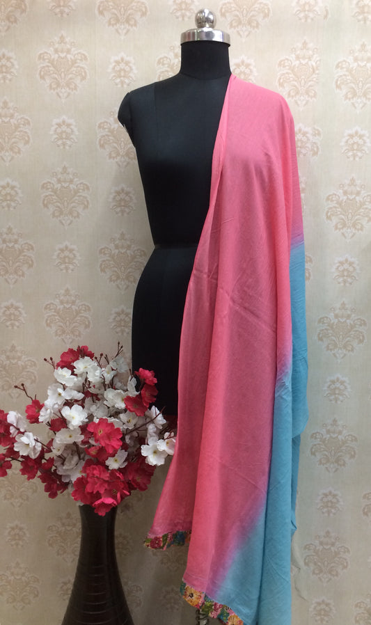 Soft Ombre Pink & Teal Blue Dupatta with Ethnic Print Border