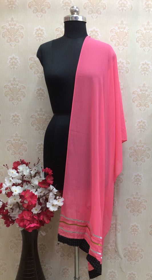 Vibrant Hot Pink Chiffon Dupatta with Black Contrast Border and Silver Gota