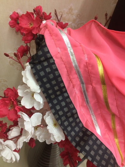 Vibrant Hot Pink Chiffon Dupatta with Black Contrast Border and Silver Gota