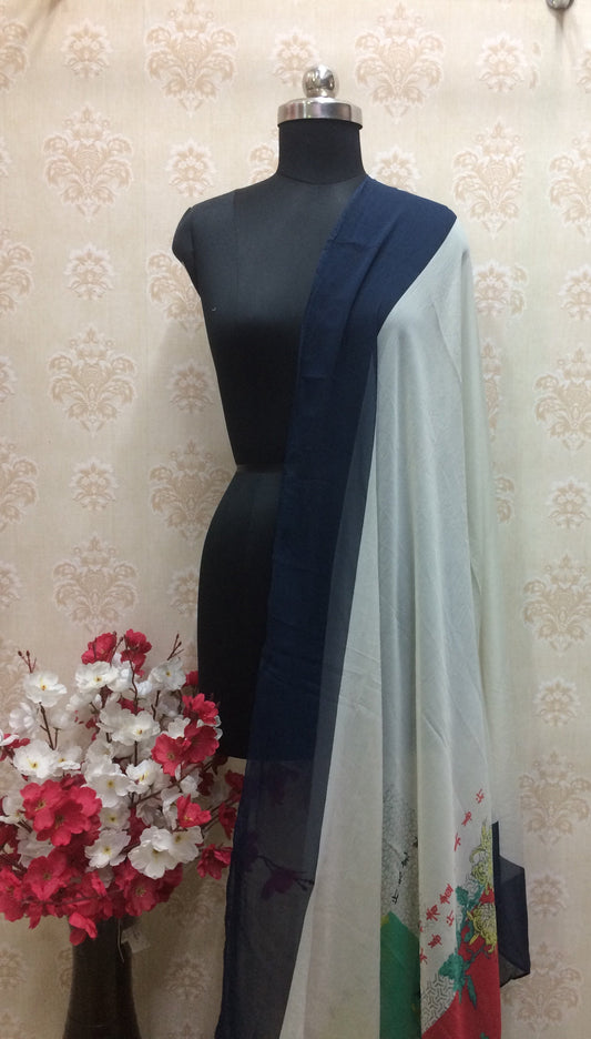 White Printed Dupatta with Bold Navy Border