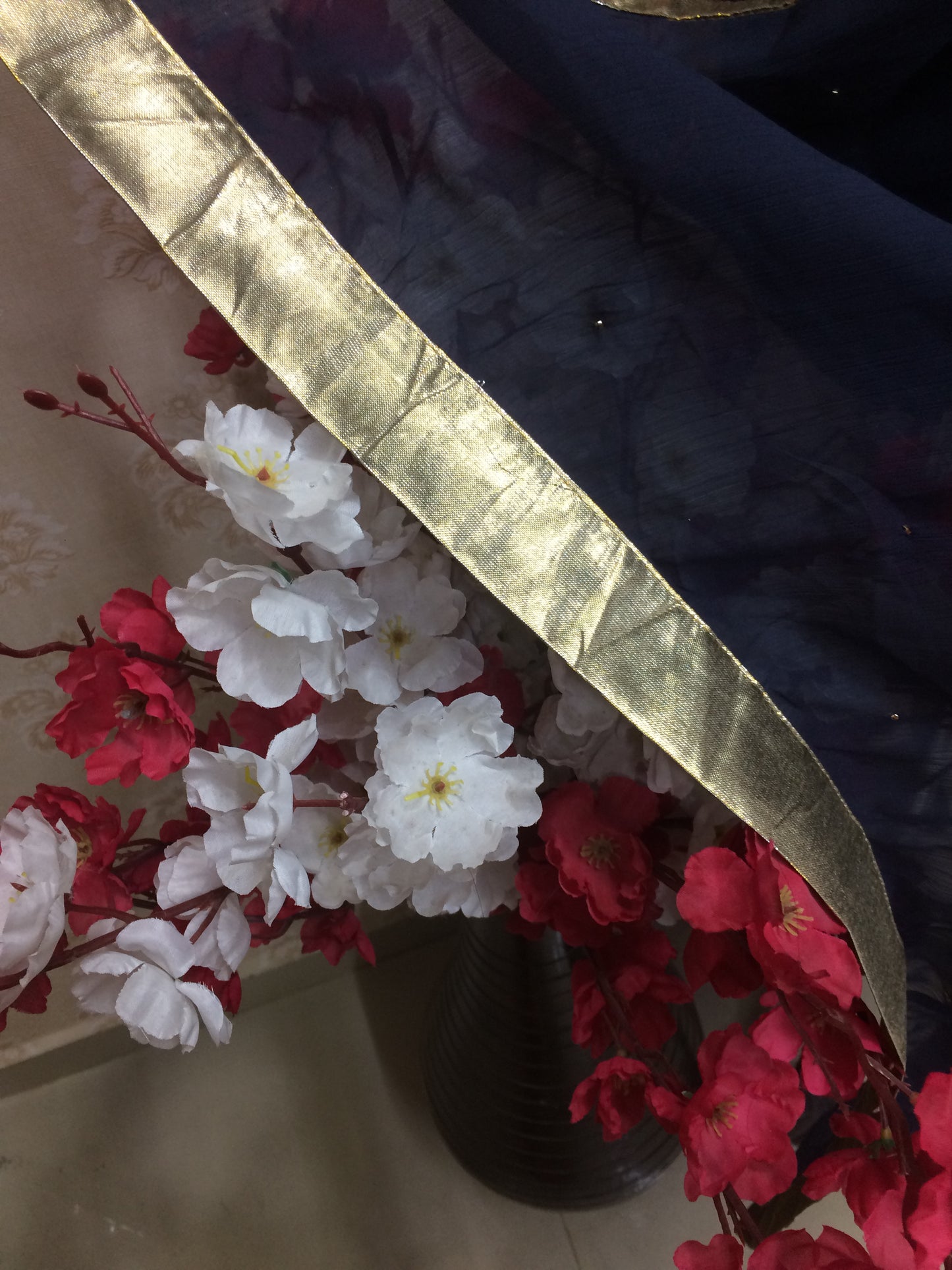 Navy Blue Dupatta with Golden Trim
