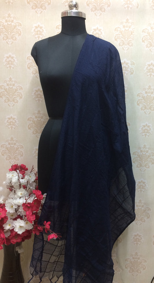 Solid Navy Blue Crinkled Cotton Dupatta