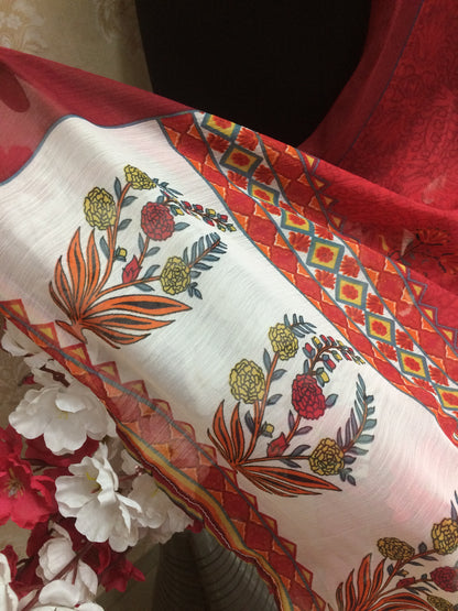 Vibrant Red Dupatta with Designer Printed Border