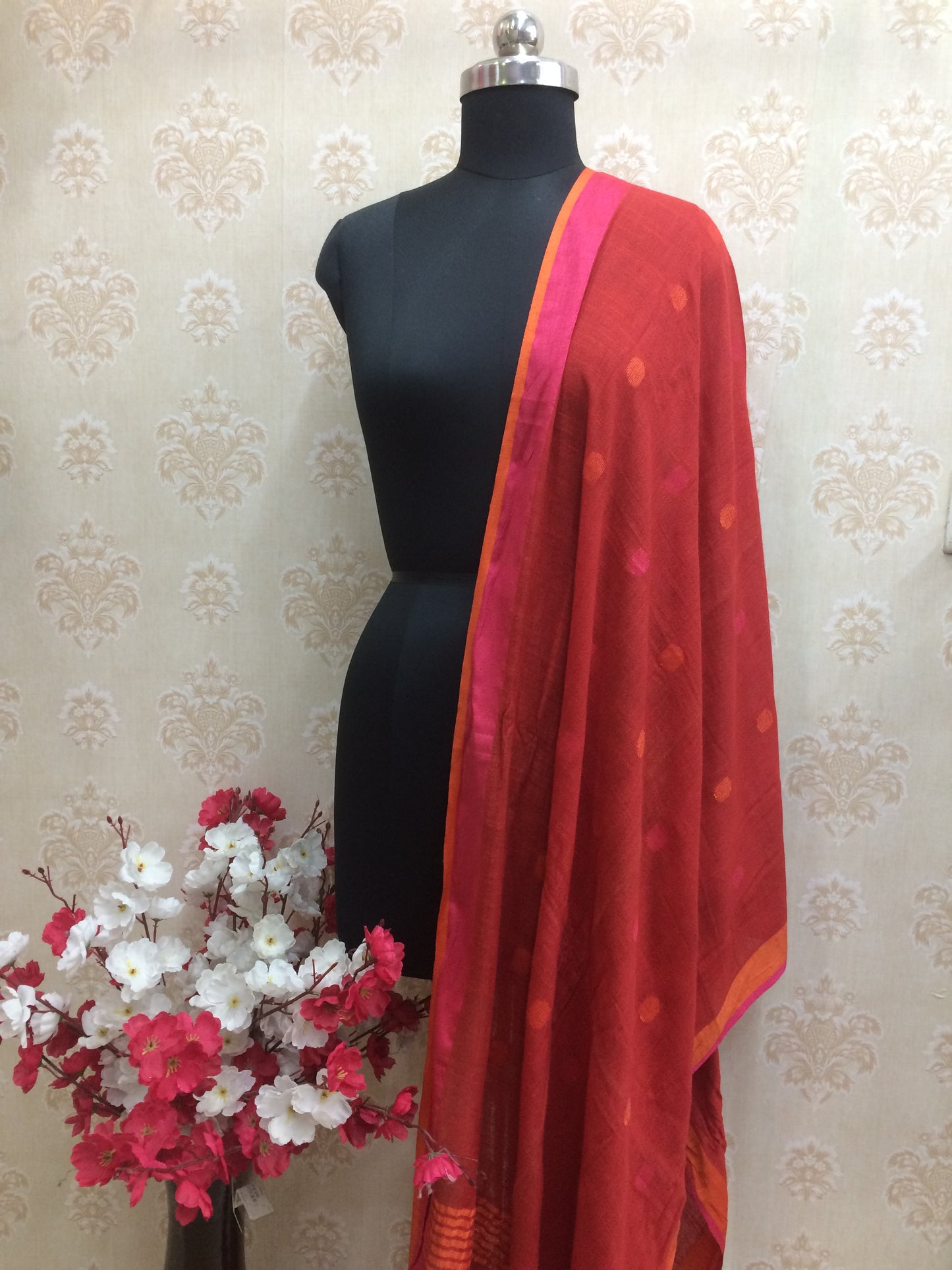 Red Polka Dot Dupatta with Vibrant Border
