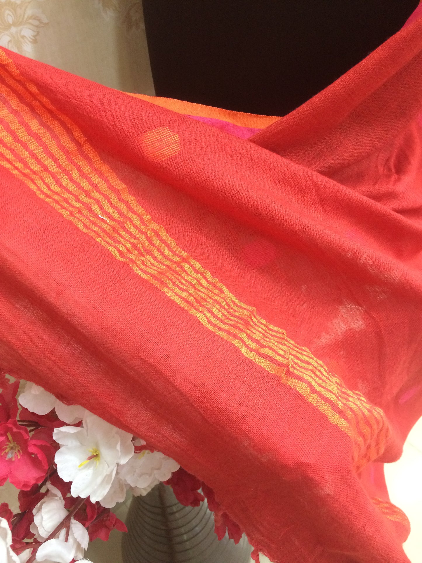 Red Polka Dot Dupatta with Vibrant Border