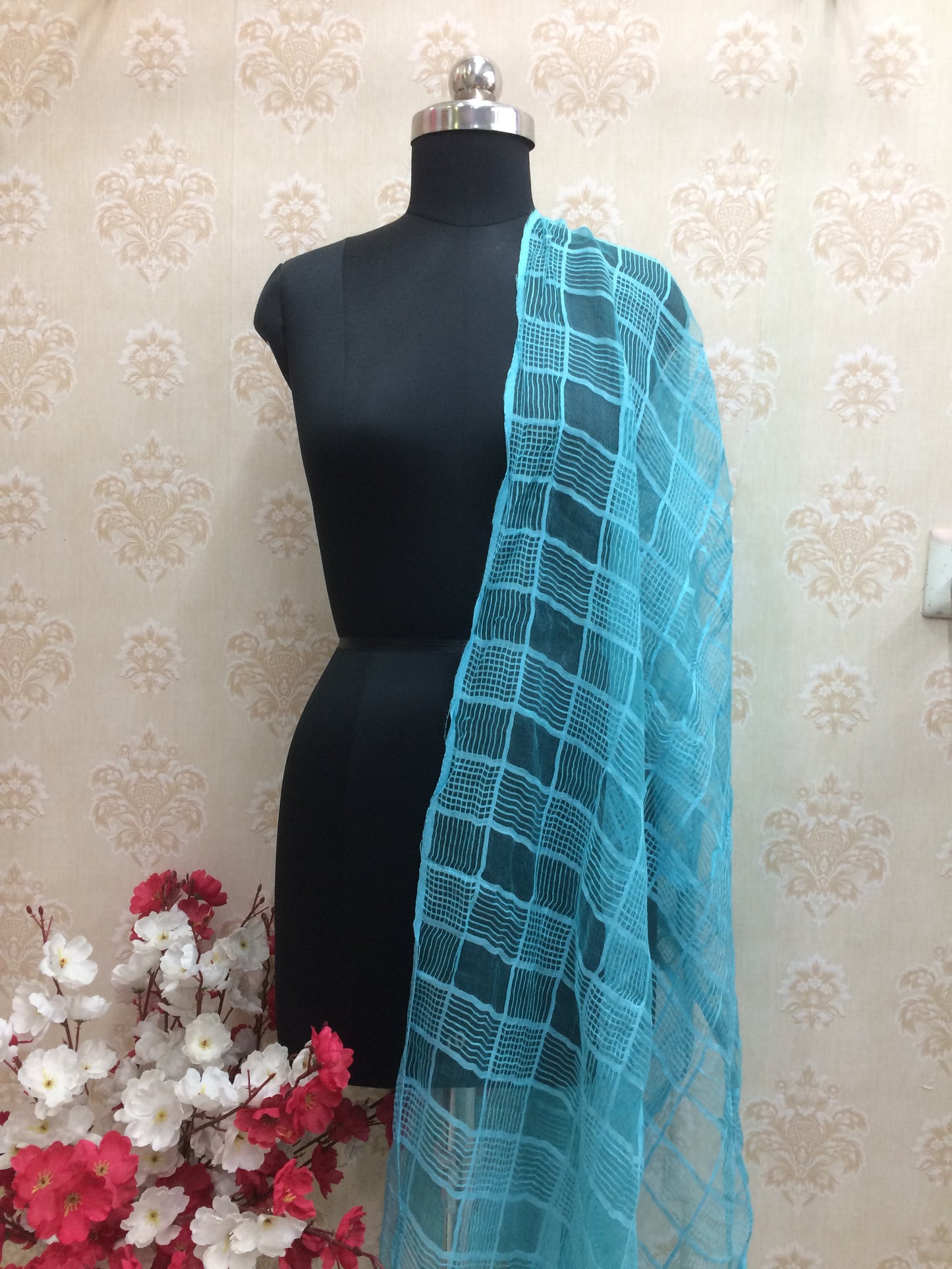 Sky Blue Sheer Textured Chiffon Dupatta with Criss-Cross Weave