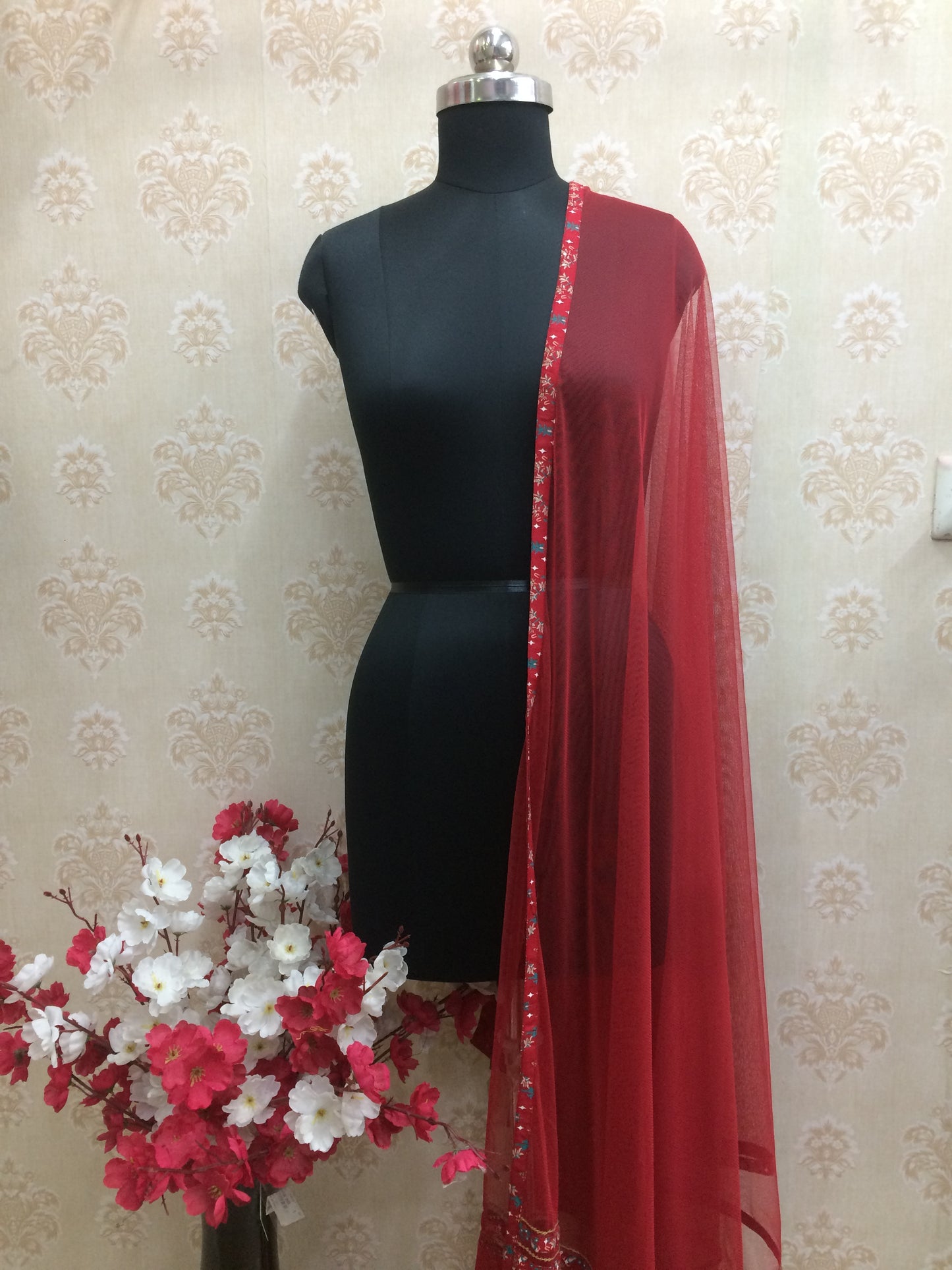 Deep Maroon Net Dupatta with Designer Embroidered Border