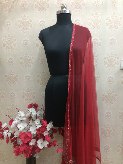 Deep Maroon Net Dupatta with Designer Embroidered Border