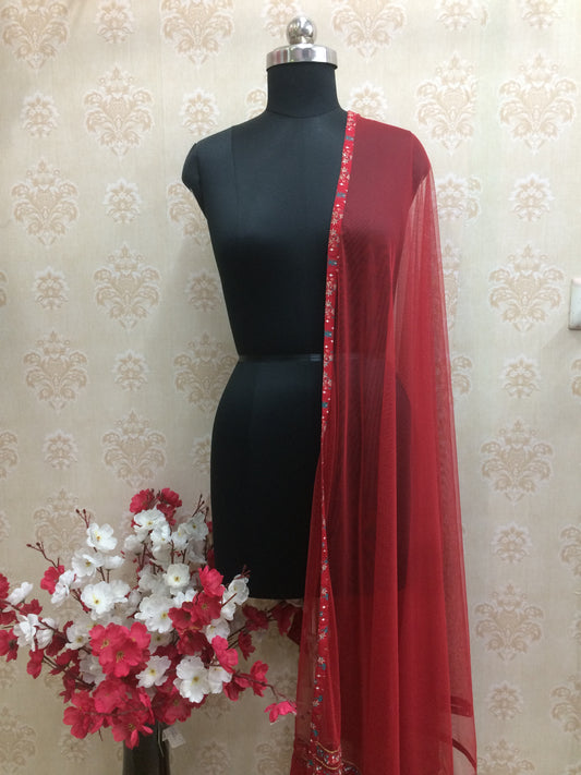Deep Maroon Net Dupatta with Designer Embroidered Border