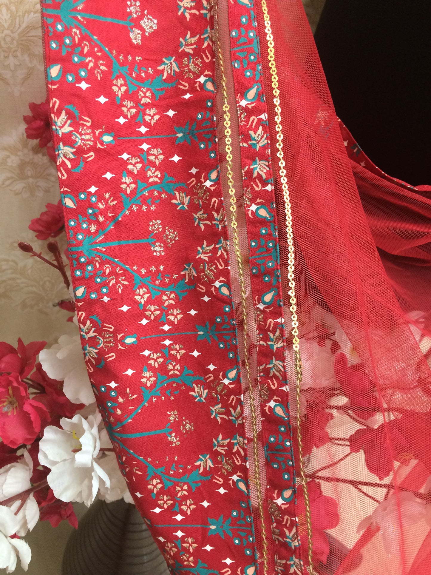 Deep Maroon Net Dupatta with Designer Embroidered Border