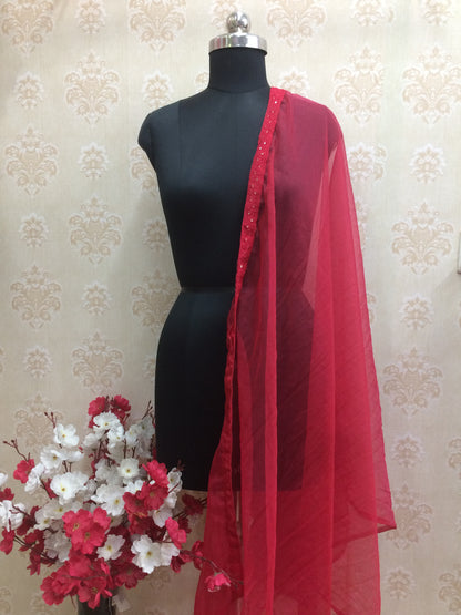 Red Organza Net Dupatta with Designer Embroidered Border