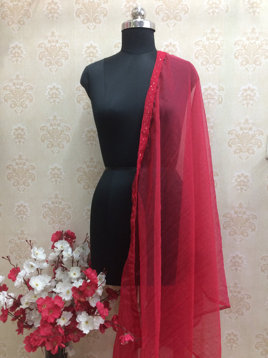 Red Organza Net Dupatta with Designer Embroidered Border