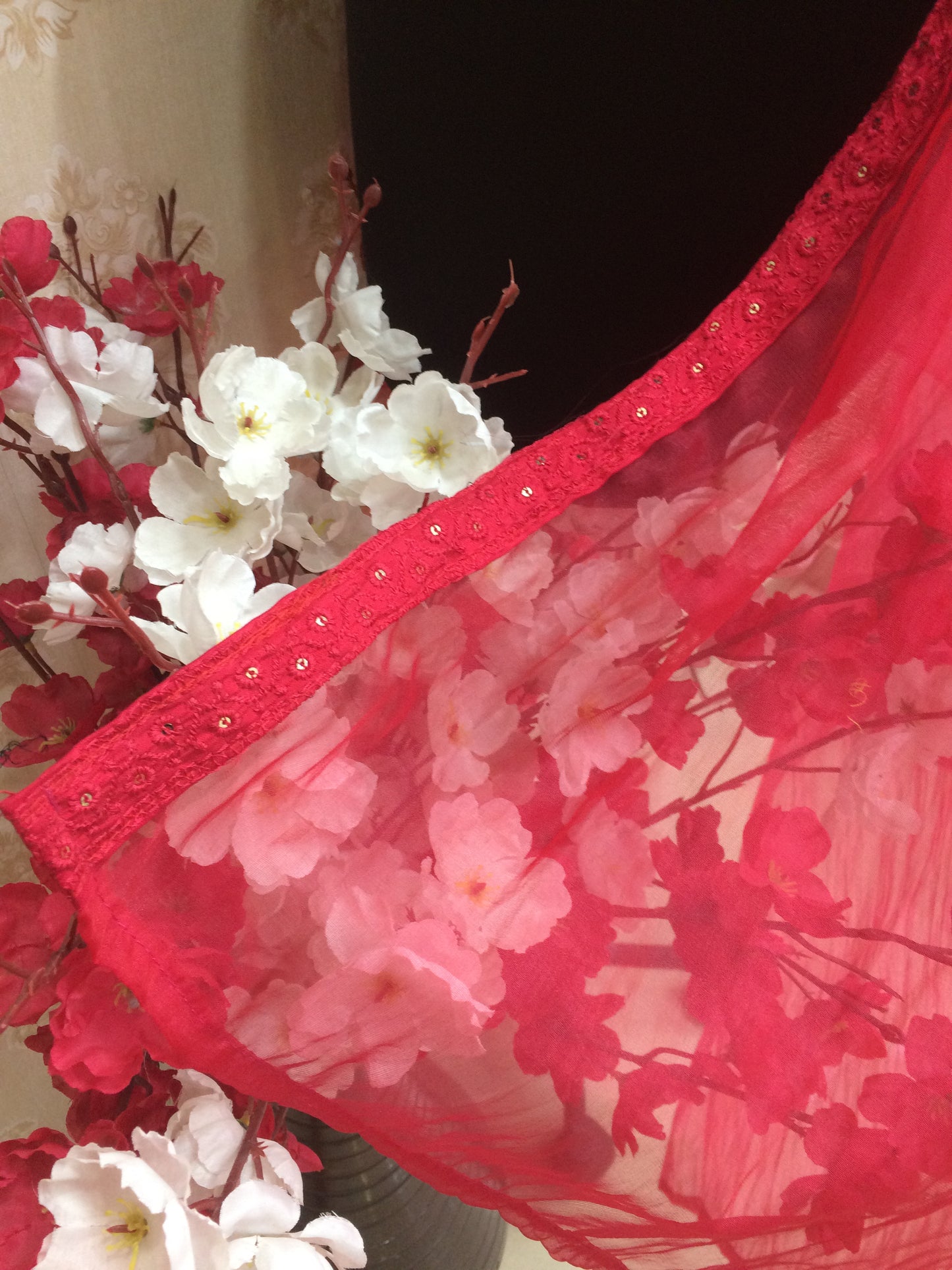 Red Organza Net Dupatta with Designer Embroidered Border