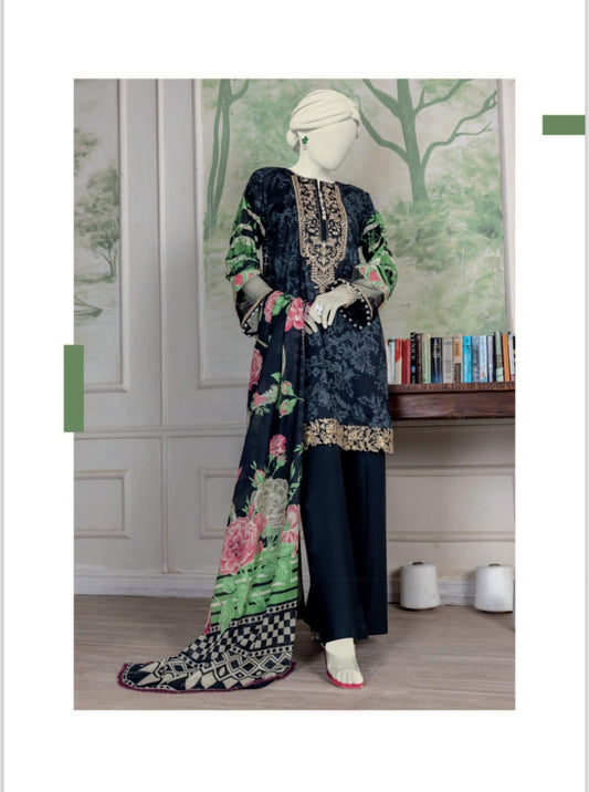 J. 3 pcs suit set green and pink floral dupatta