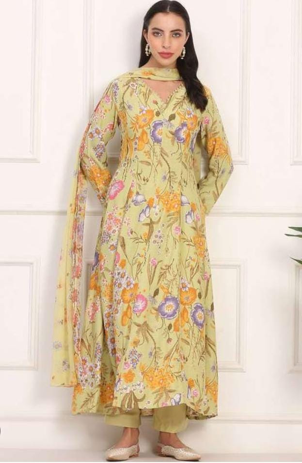 W lemon green anarkali set chiffon dupatta