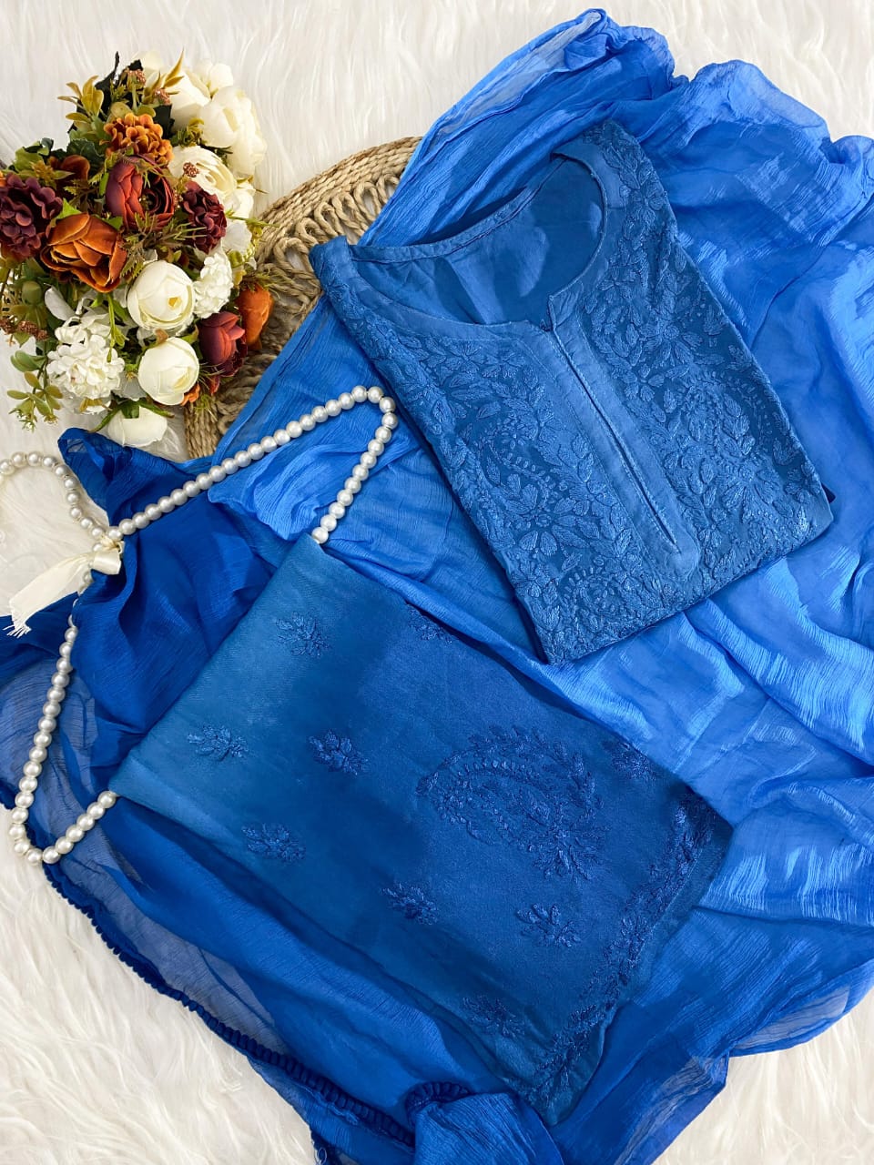 Blue Lucknowi Chikankari Rayon Site Set with Dupatta | 3- Piece Collection