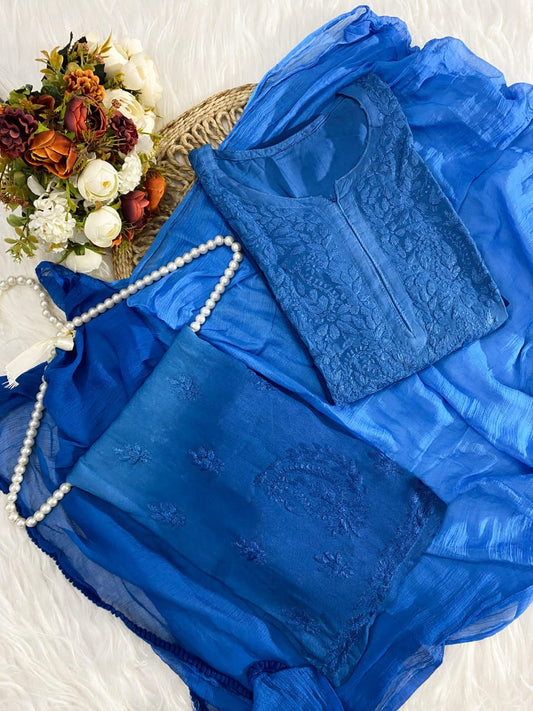Blue Lucknowi Chikankari Rayon Site Set with Dupatta | 3- Piece Collection