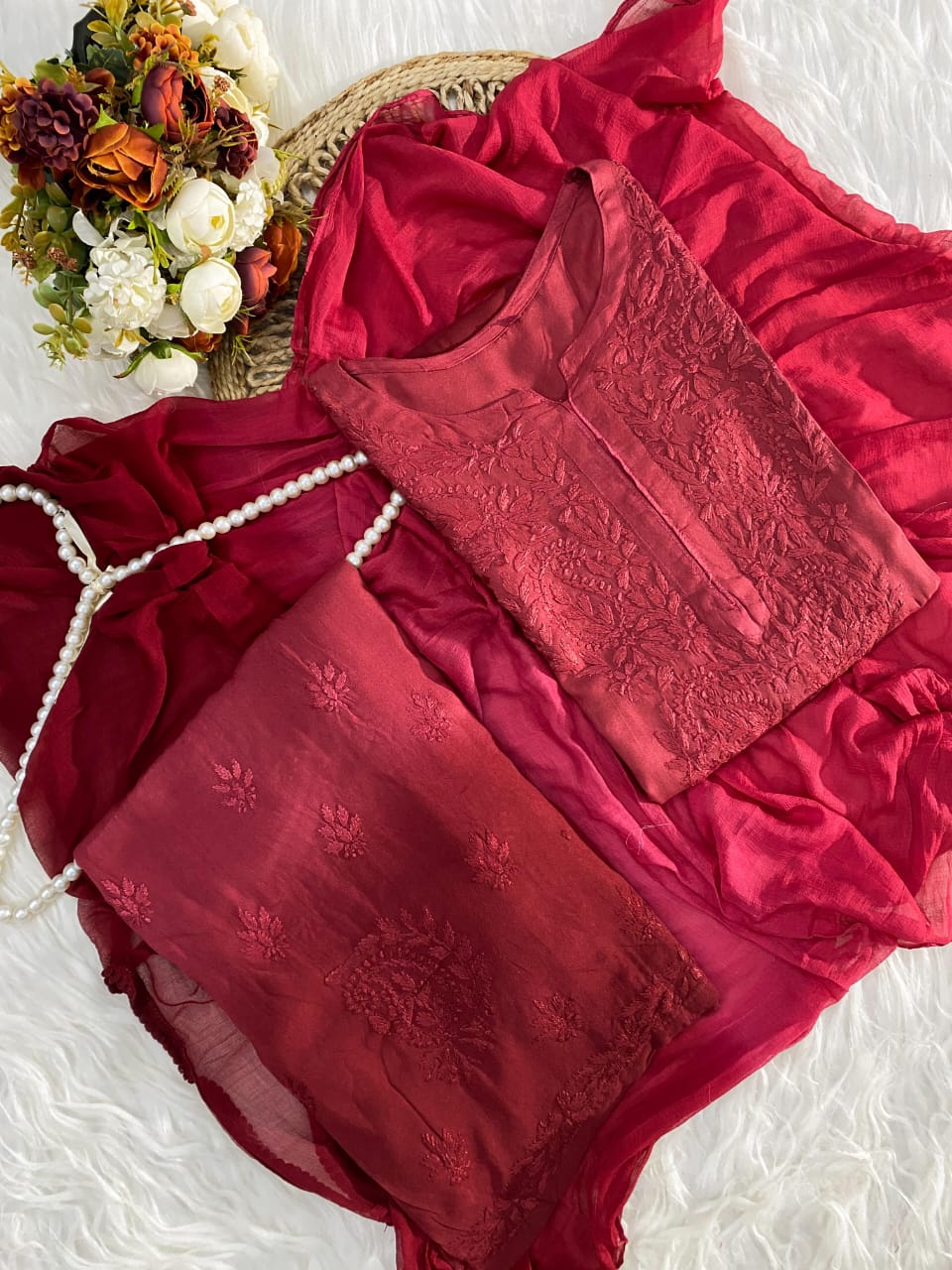 Maroon or Wine color Lucknowi Chikankari Rayon Suit Set with Dupatta | 3-Piece Collection