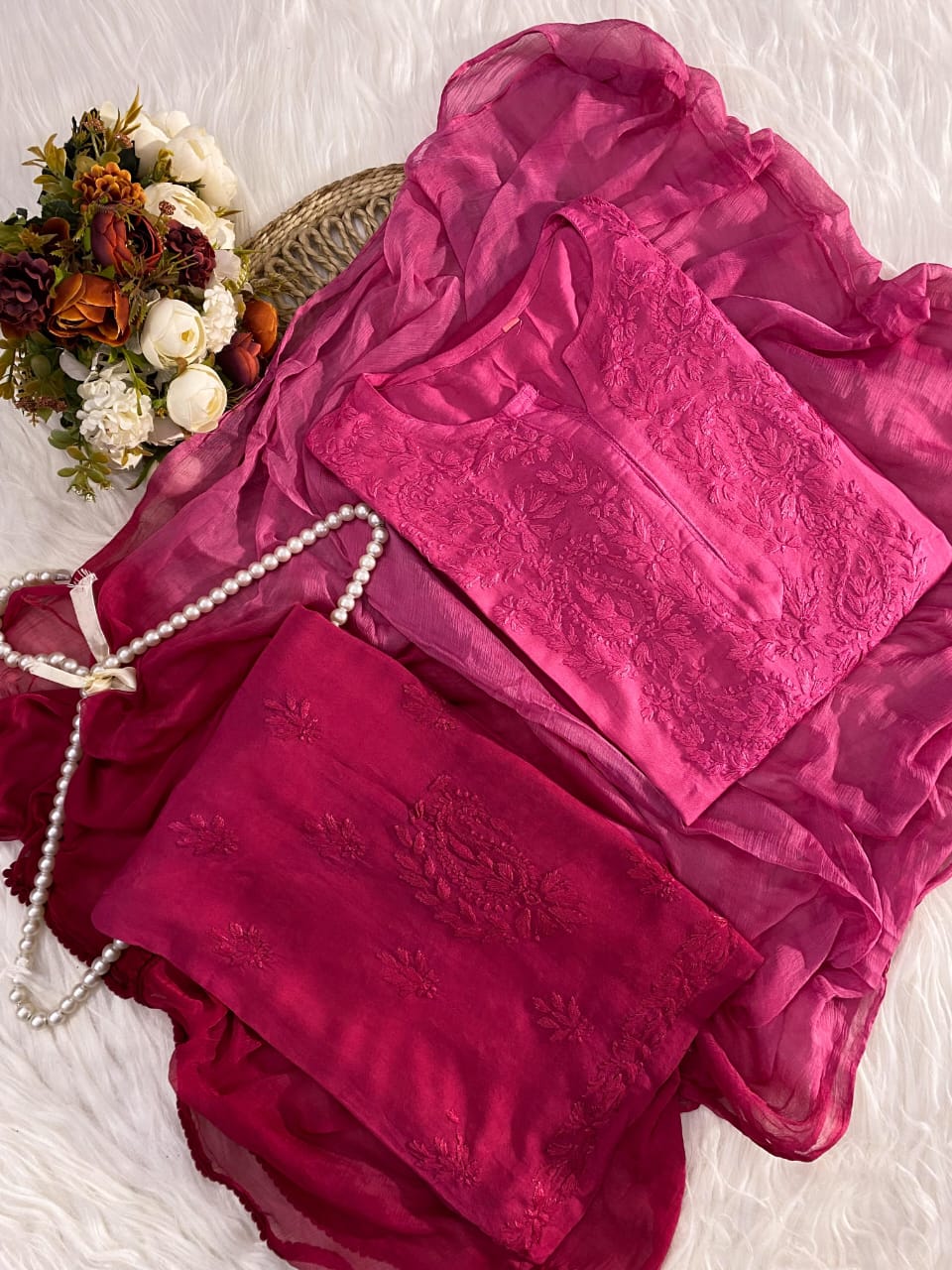 Magenta Pink Lucknowi Chikankari Rayon Suit Set with Dupatta | 3-Piece Collection