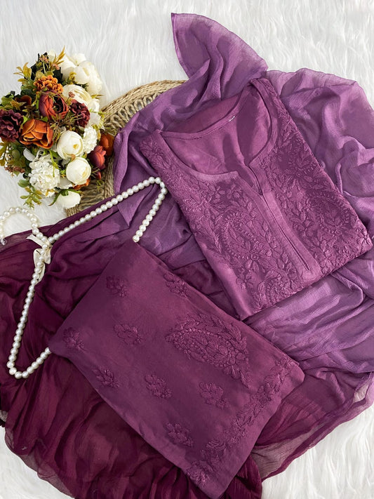 A Deep purple Lucknowi Chikankari Rayon Suit Set with Dupatta | 3-Piece Collection