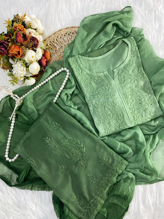 Sea Green Lucknowi Chikankari Rayon Suit Set with Dupatta | 3-Piece Collection