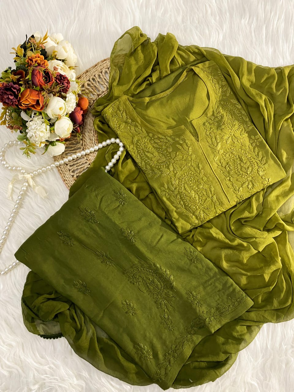 Olive Green Lucknowi Chikankari Rayon Suit Set with Dupatta | 3-piece Collection