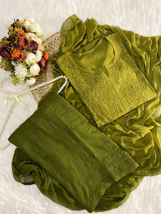 Olive Green Lucknowi Chikankari Rayon Suit Set with Dupatta | 3-piece Collection